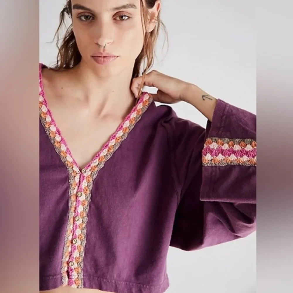 Free People We the Free Crochet Trimmed Oversize Tee Top W-909 Sz M